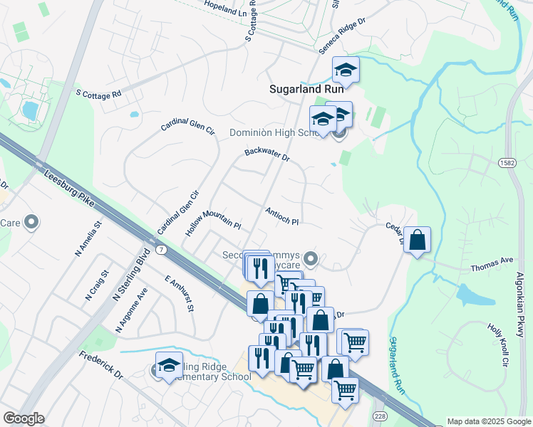 map of restaurants, bars, coffee shops, grocery stores, and more near 46867 Antioch Place in Sterling