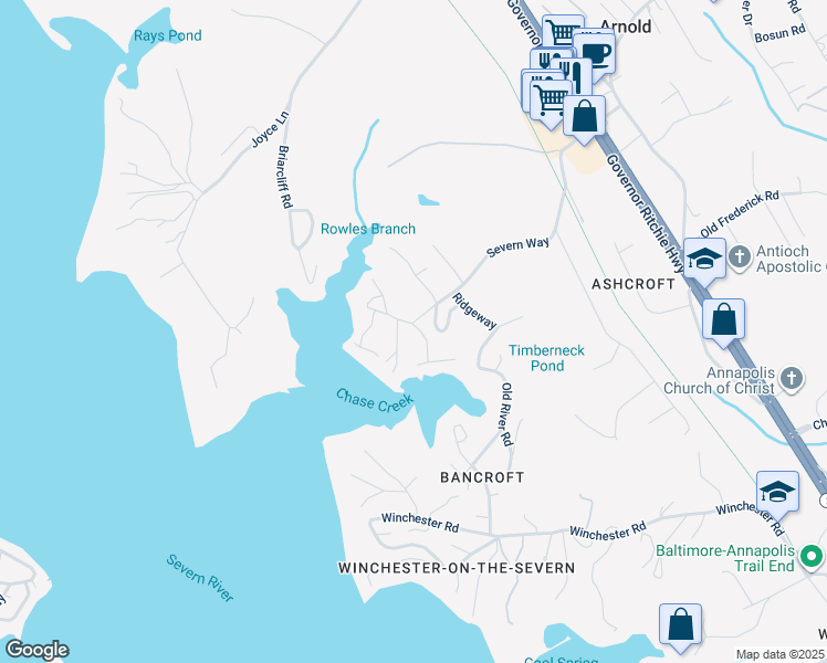 map of restaurants, bars, coffee shops, grocery stores, and more near 1442 Middleway in Arnold