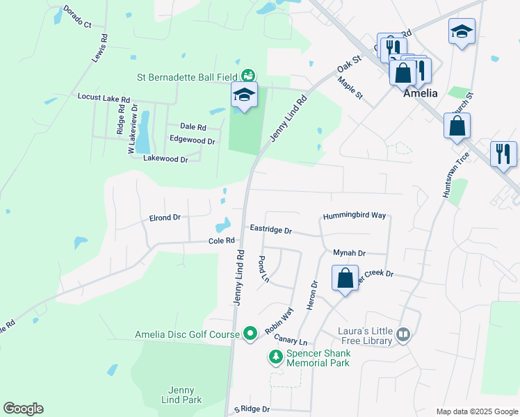 map of restaurants, bars, coffee shops, grocery stores, and more near 8 Sandpiper Court in Amelia