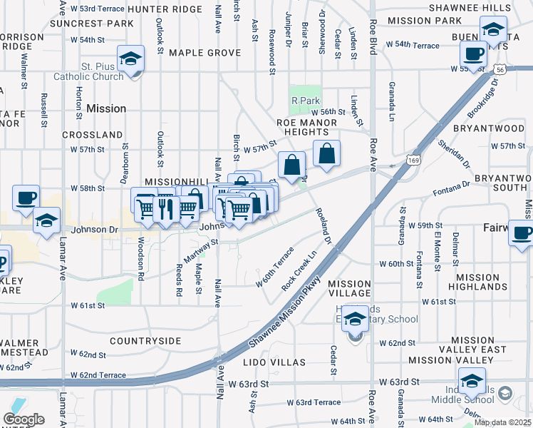 map of restaurants, bars, coffee shops, grocery stores, and more near 5301 Johnson Drive in Mission