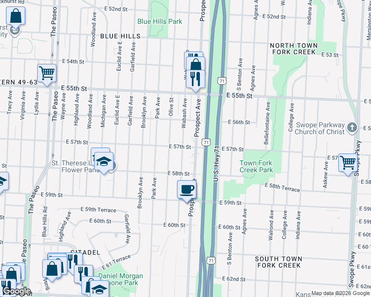 map of restaurants, bars, coffee shops, grocery stores, and more near 5701 Wabash Avenue in Kansas City