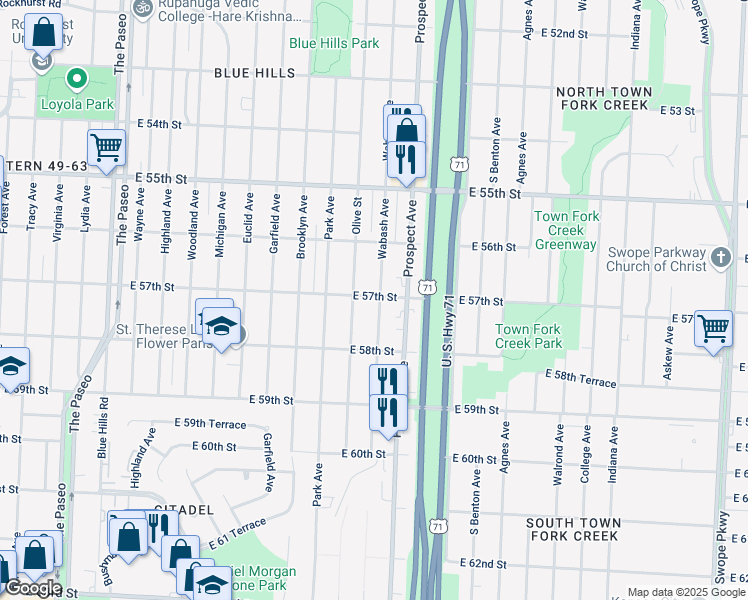 map of restaurants, bars, coffee shops, grocery stores, and more near 5700 Wabash Avenue in Kansas City