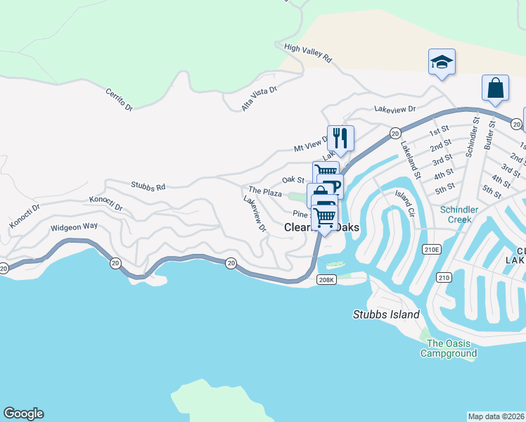 map of restaurants, bars, coffee shops, grocery stores, and more near 12580 Widgeon Way in Clearlake Oaks