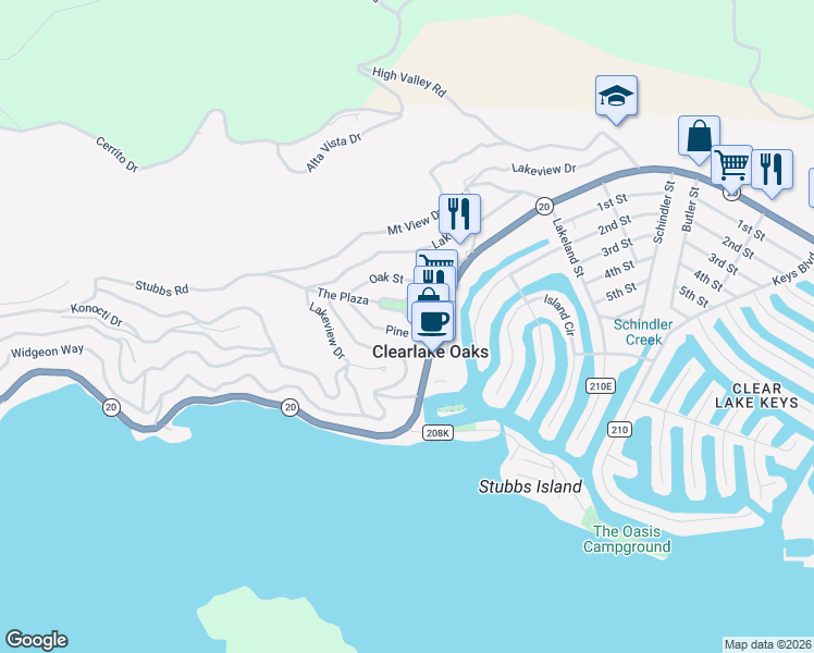 map of restaurants, bars, coffee shops, grocery stores, and more near 12482 Foothill Boulevard in Clearlake Oaks
