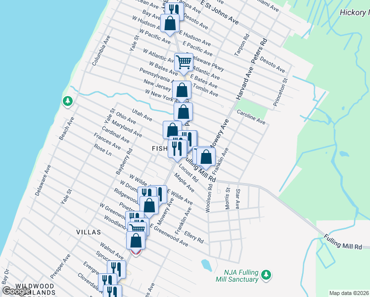 map of restaurants, bars, coffee shops, grocery stores, and more near 9 Bentz Avenue in Villas