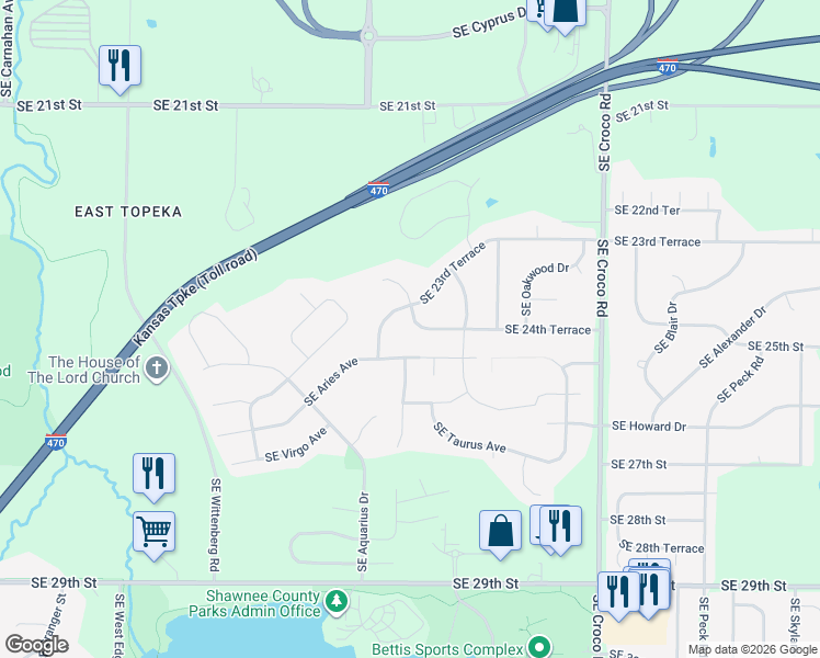 map of restaurants, bars, coffee shops, grocery stores, and more near 3307 Southeast 24th Terrace in Topeka