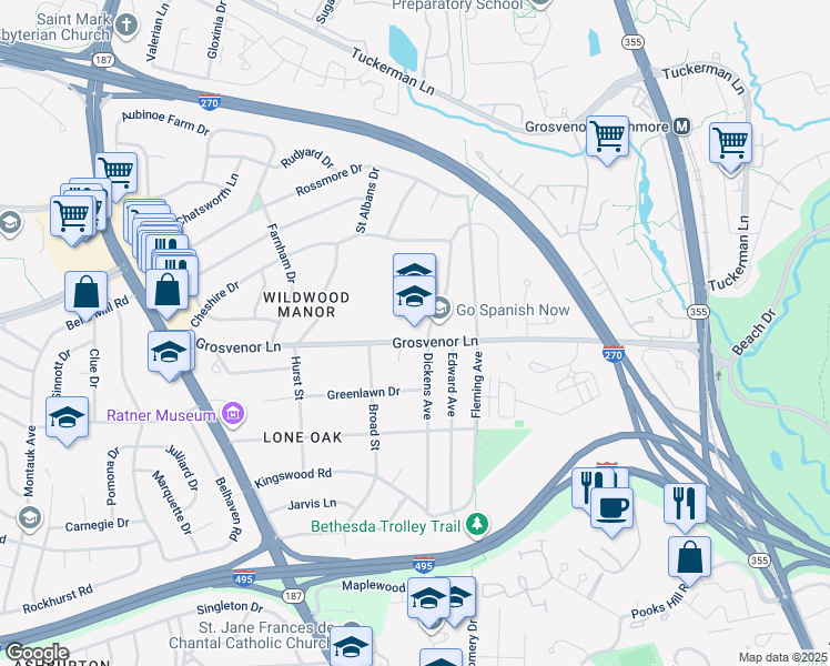 map of restaurants, bars, coffee shops, grocery stores, and more near 5701 Grosvenor Lane in Bethesda
