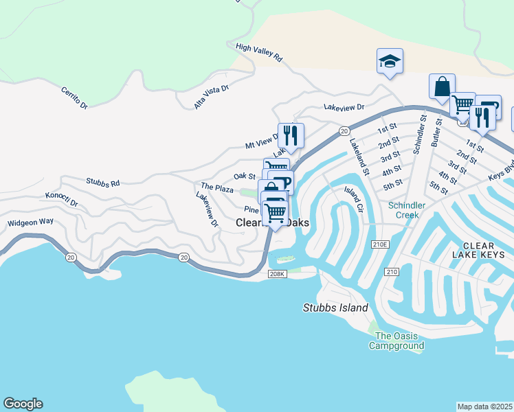map of restaurants, bars, coffee shops, grocery stores, and more near in Clearlake Oaks