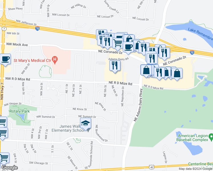 map of restaurants, bars, coffee shops, grocery stores, and more near 605 Northeast Knox Place in Blue Springs