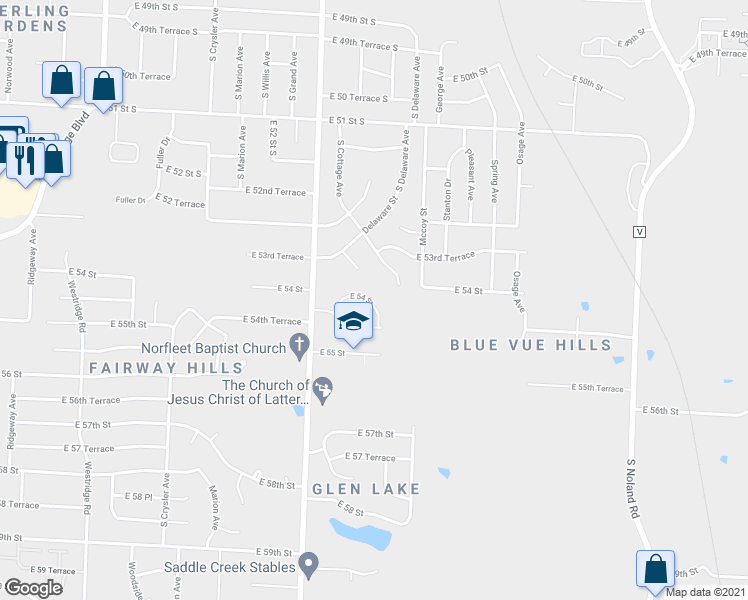 map of restaurants, bars, coffee shops, grocery stores, and more near 13001 East 54 Street in Kansas City