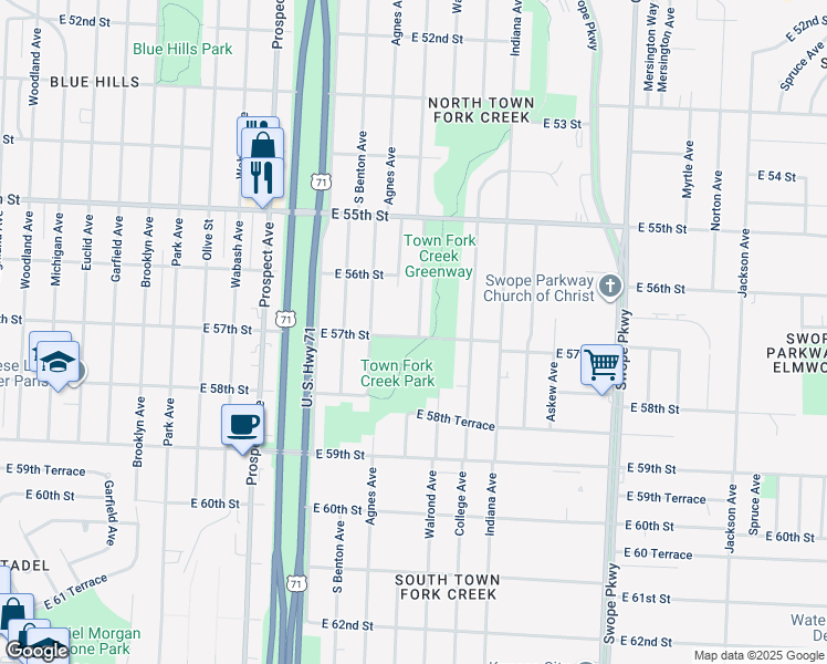 map of restaurants, bars, coffee shops, grocery stores, and more near 5644 Bellefontaine Avenue in Kansas City