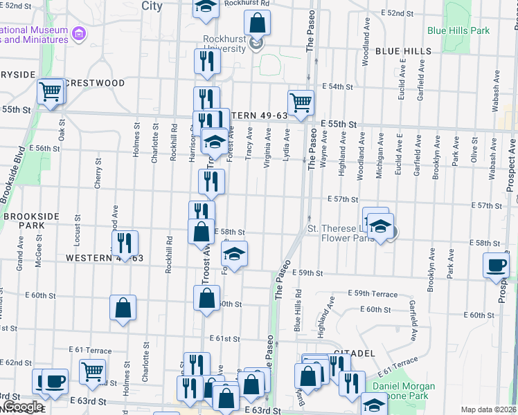 map of restaurants, bars, coffee shops, grocery stores, and more near 5725 Virginia Avenue in Kansas City