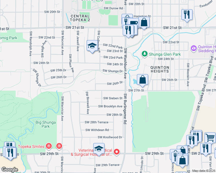 map of restaurants, bars, coffee shops, grocery stores, and more near 1724 SW 27th St in Topeka