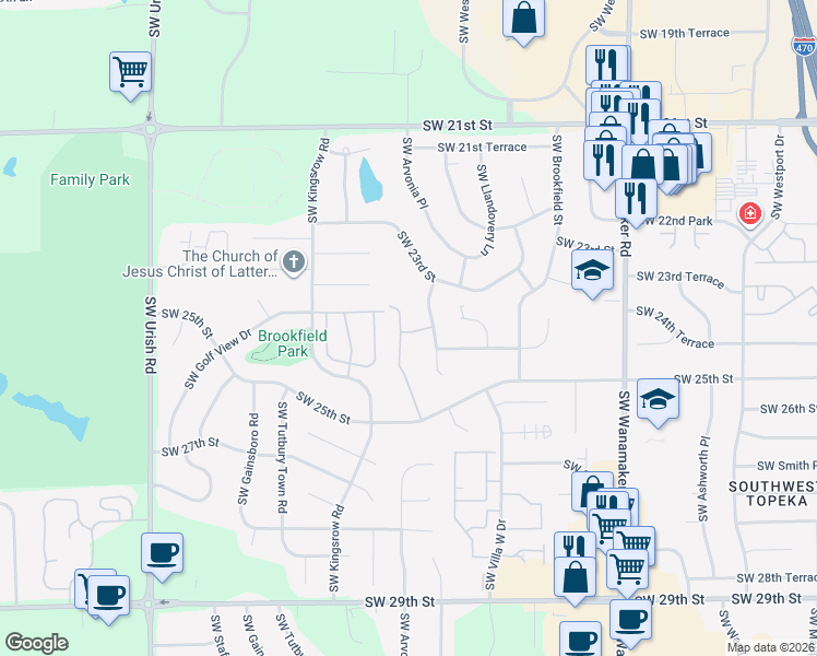 map of restaurants, bars, coffee shops, grocery stores, and more near 2418-2422 Southwest Brookhaven Lane in Topeka