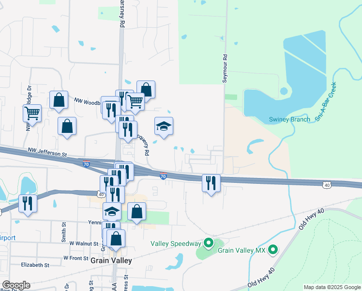 map of restaurants, bars, coffee shops, grocery stores, and more near 150 Northeast Mcquerry Road in Grain Valley