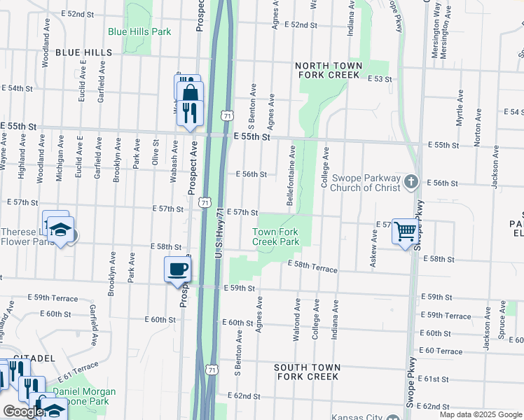 map of restaurants, bars, coffee shops, grocery stores, and more near 5643 Agnes Avenue in Kansas City