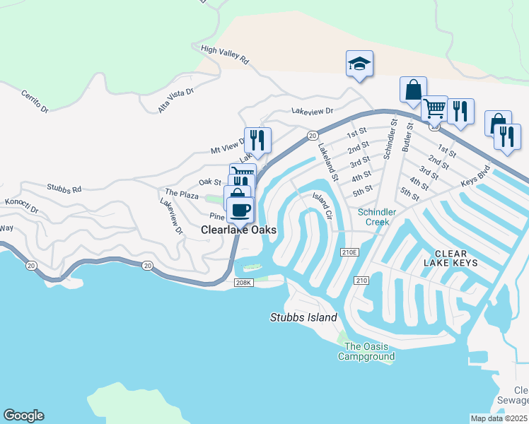 map of restaurants, bars, coffee shops, grocery stores, and more near 12630 Shoreview Drive in Clearlake Oaks