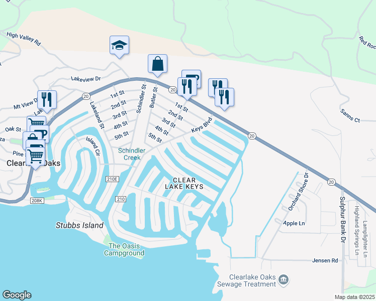 map of restaurants, bars, coffee shops, grocery stores, and more near 13218 Ebbtide Village in Clearlake Oaks