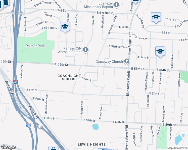 map of restaurants, bars, coffee shops, grocery stores, and more near 8414 East 56 Street in Kansas City