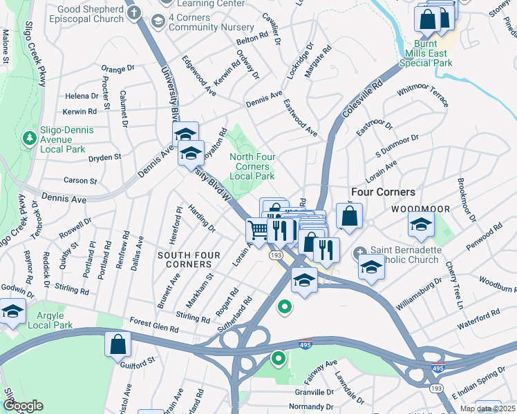 map of restaurants, bars, coffee shops, grocery stores, and more near 309 Timberwood Avenue in Silver Spring