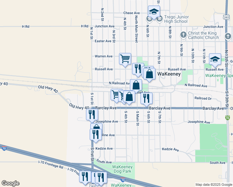 map of restaurants, bars, coffee shops, grocery stores, and more near 100 South 3rd Street in WaKeeney
