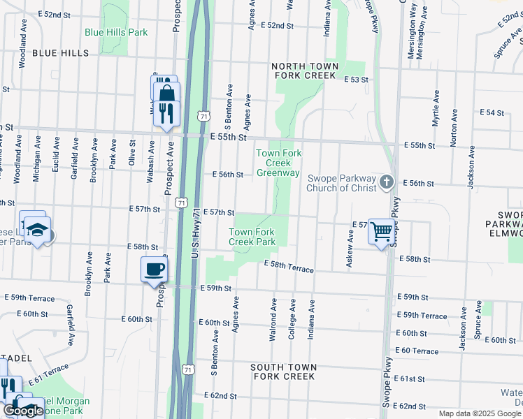 map of restaurants, bars, coffee shops, grocery stores, and more near 5644 Bellefontaine Avenue in Kansas City
