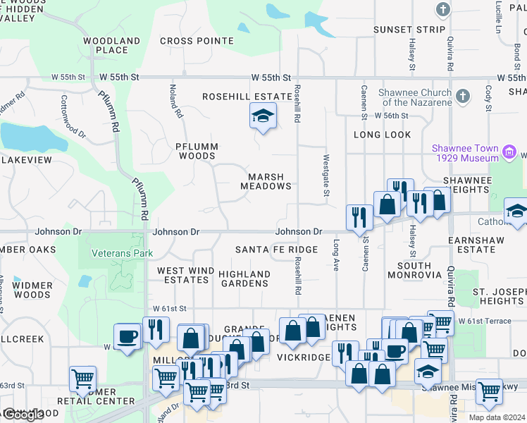 map of restaurants, bars, coffee shops, grocery stores, and more near 12830 Johnson Drive in Shawnee