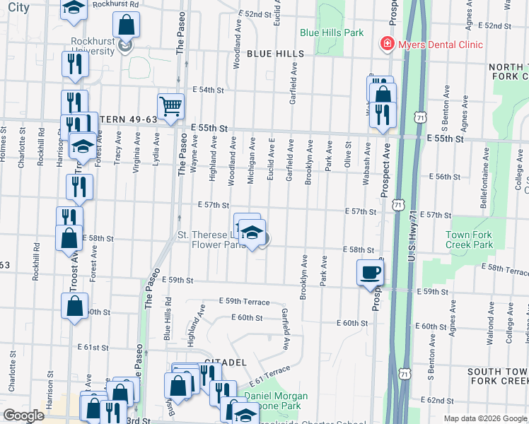 map of restaurants, bars, coffee shops, grocery stores, and more near 5717 Michigan Avenue in Kansas City