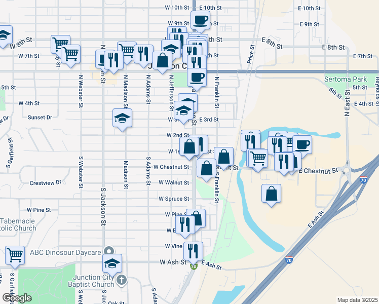 map of restaurants, bars, coffee shops, grocery stores, and more near 6 South Washington Street in Junction City
