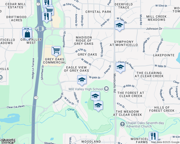map of restaurants, bars, coffee shops, grocery stores, and more near 22210 West 59th Street in Shawnee