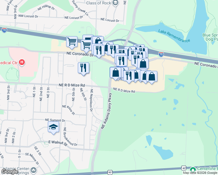 map of restaurants, bars, coffee shops, grocery stores, and more near 651 Northeast Adams Dairy Parkway in Blue Springs
