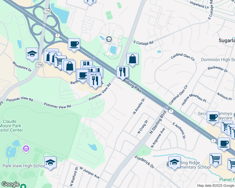 map of restaurants, bars, coffee shops, grocery stores, and more near 106 Connemara Drive in Sterling