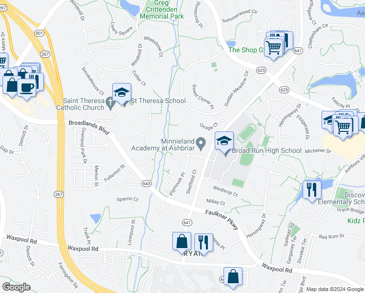map of restaurants, bars, coffee shops, grocery stores, and more near 43537 Clivedon Court in Ashburn