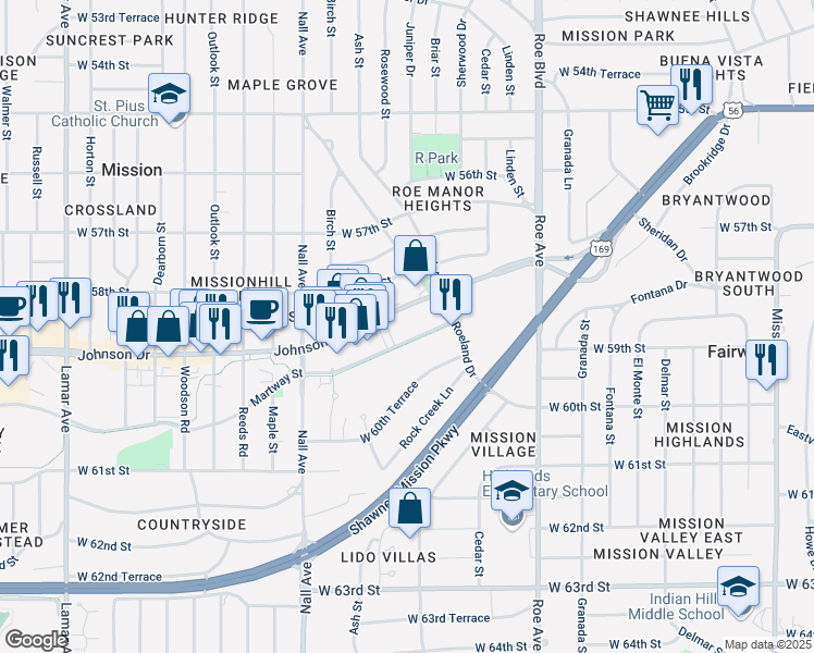 map of restaurants, bars, coffee shops, grocery stores, and more near 5301 Johnson Drive in Mission