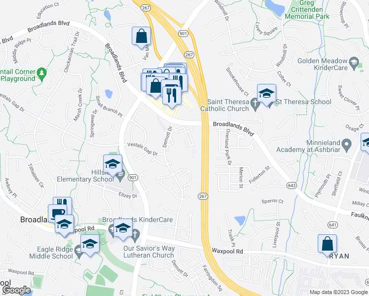 map of restaurants, bars, coffee shops, grocery stores, and more near 43197 Thistledown Terrace in Ashburn