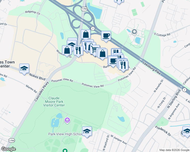 map of restaurants, bars, coffee shops, grocery stores, and more near in Sterling
