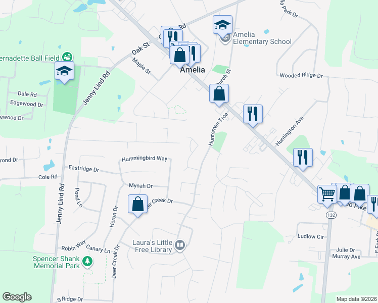 map of restaurants, bars, coffee shops, grocery stores, and more near 3361 Huntsman Trace in Amelia