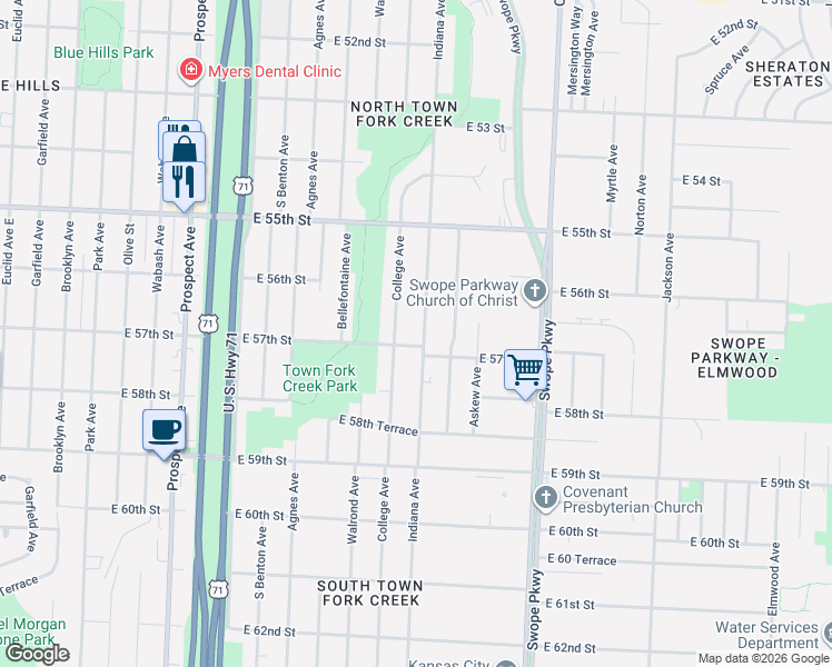 map of restaurants, bars, coffee shops, grocery stores, and more near 5700 Indiana Avenue in Kansas City