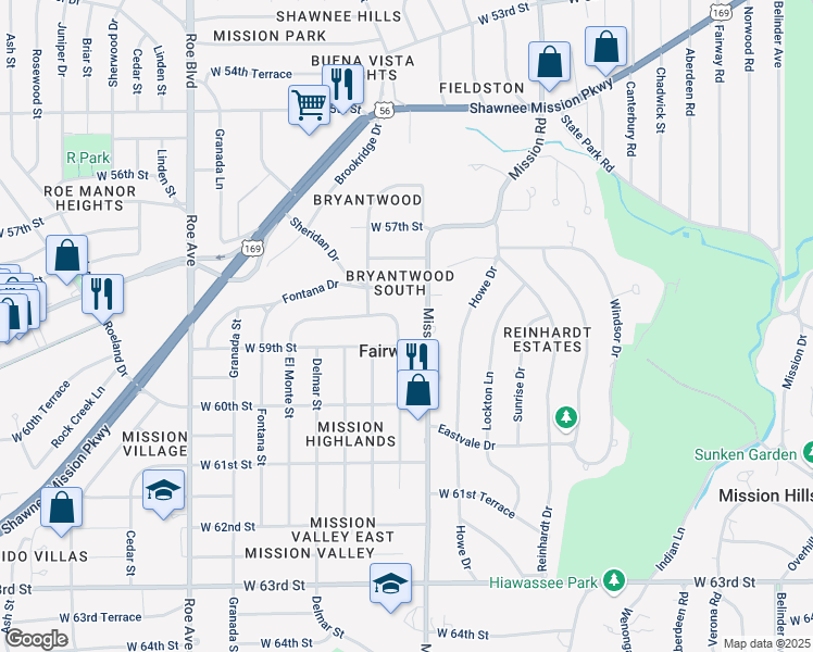 map of restaurants, bars, coffee shops, grocery stores, and more near 5842 Mission Road in Fairway