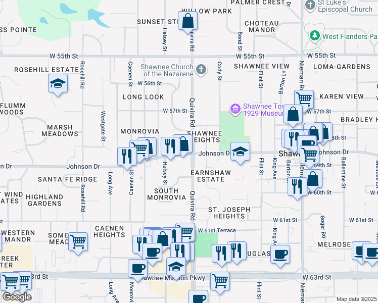 map of restaurants, bars, coffee shops, grocery stores, and more near in Shawnee