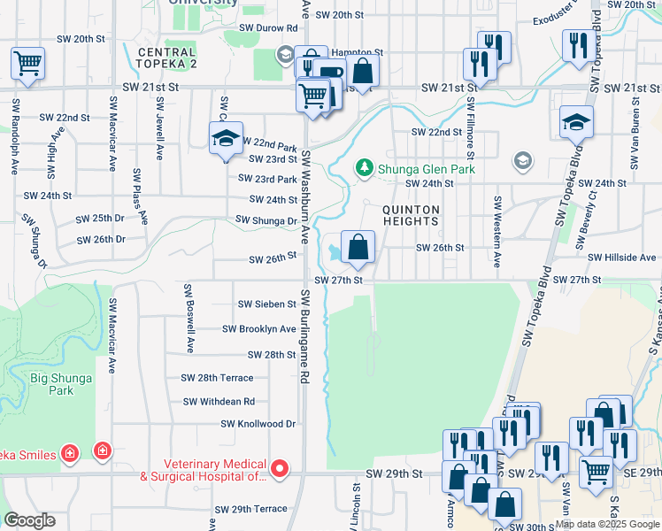 map of restaurants, bars, coffee shops, grocery stores, and more near 1405 Southwest 27th Street in Topeka