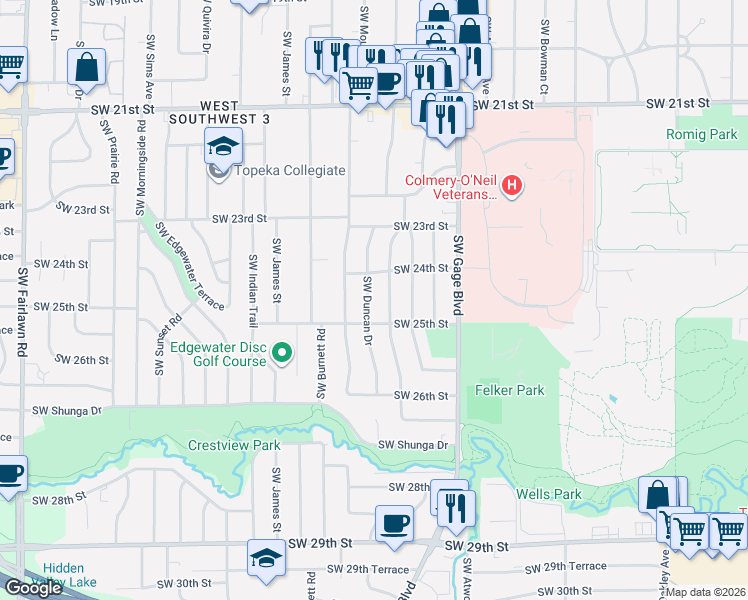 map of restaurants, bars, coffee shops, grocery stores, and more near 2428 Southwest Duncan Drive in Topeka
