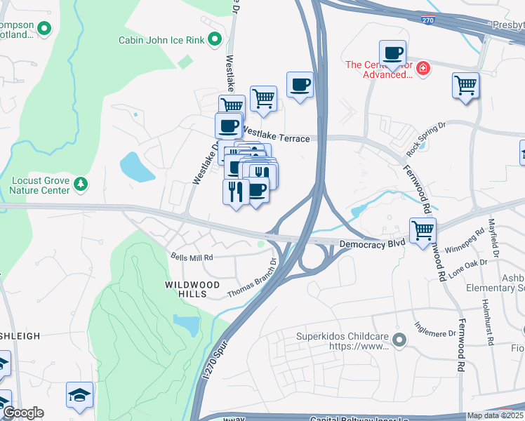 map of restaurants, bars, coffee shops, grocery stores, and more near 7111 Democracy Boulevard in Bethesda