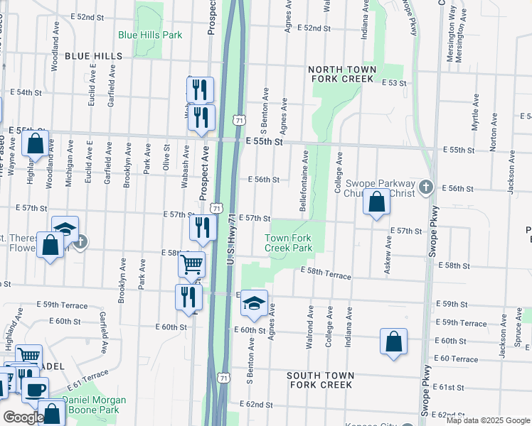map of restaurants, bars, coffee shops, grocery stores, and more near 5643 Agnes Avenue in Kansas City