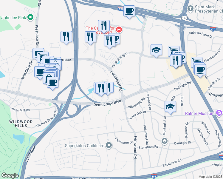 map of restaurants, bars, coffee shops, grocery stores, and more near 6701 Democracy Boulevard in Bethesda