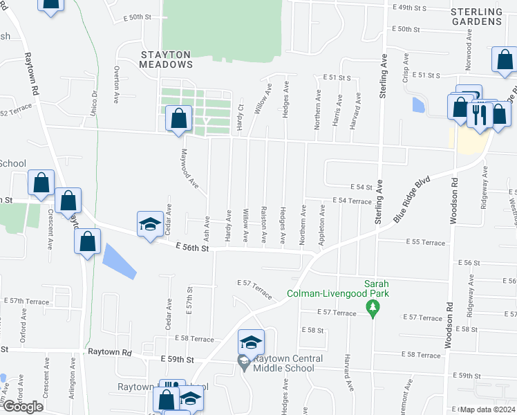 map of restaurants, bars, coffee shops, grocery stores, and more near 5424 Ralston Avenue in Raytown