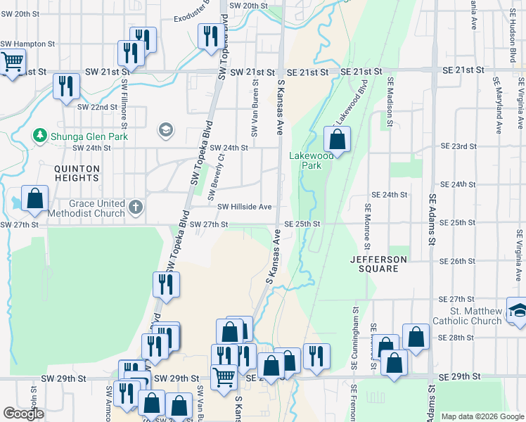 map of restaurants, bars, coffee shops, grocery stores, and more near 116 Southwest 27th Street in Topeka