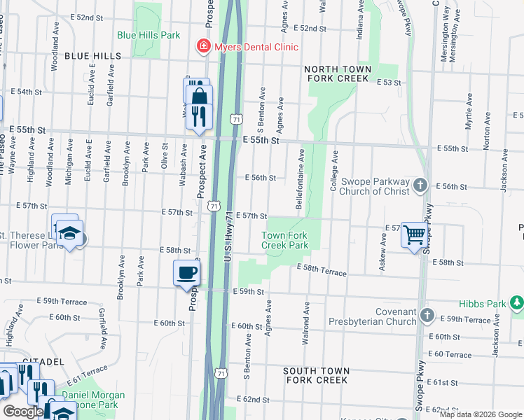 map of restaurants, bars, coffee shops, grocery stores, and more near 5643 Agnes Avenue in Kansas City
