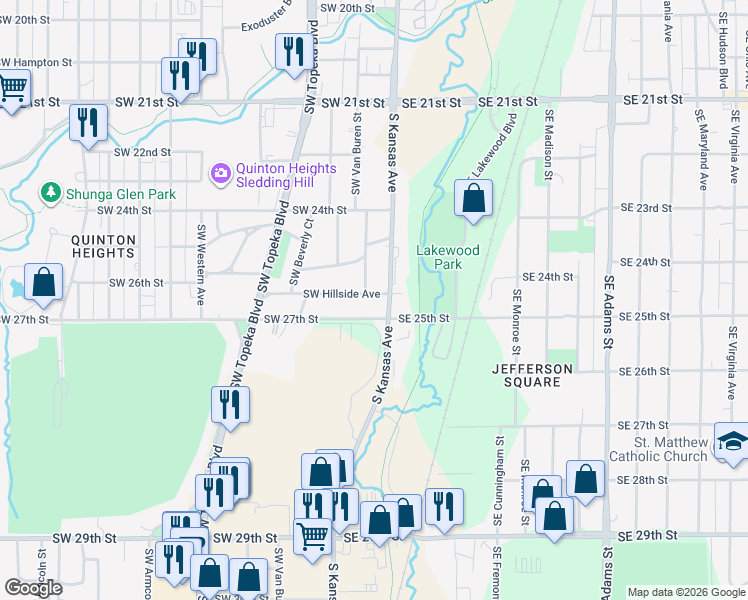 map of restaurants, bars, coffee shops, grocery stores, and more near 116 Southwest 27th Street in Topeka