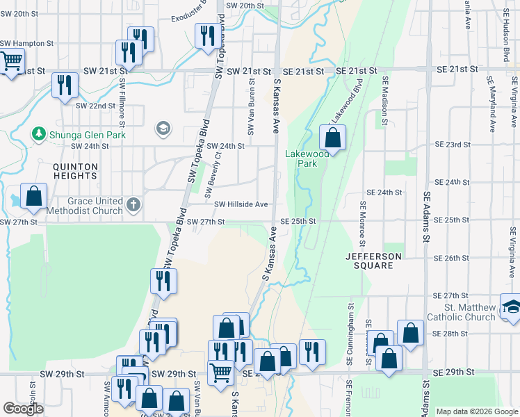 map of restaurants, bars, coffee shops, grocery stores, and more near 116 Southwest 27th Street in Topeka